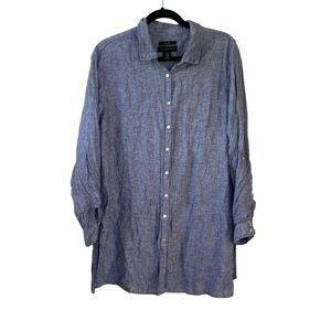 Tahari Blue Linen Button Front Tunic Mini Dress